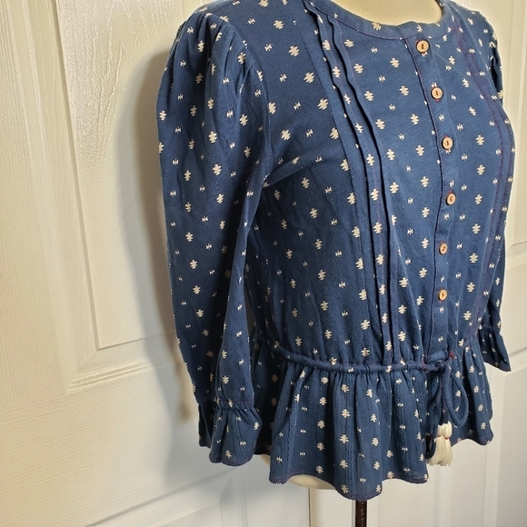 Lucky Brand Hoho Tie Waist Tassel Top Peblum Pintuck Prairie Southwest Print XS - Picture 7 of 15